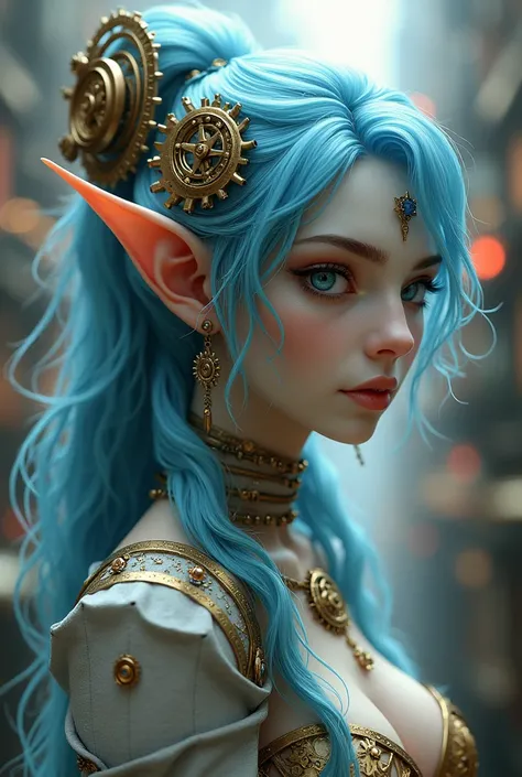 beautiful steampunk elf, blue hair, white woman