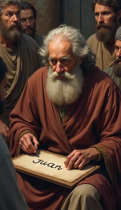 "Zechariah,  an elderly man and still unable to speak,  he asks for a tablet and writes Juan is his name . His expression shows determination and faith . Those present are amazed ."