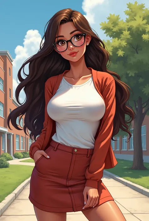 Une femme de couleur noir brun, style manga, elle porte une jupe et un t-shirt à manche longue, corps voluptueux, lunette avec un visage rond, yeux brun, cheveux long et brun, rougie, dans un lycée