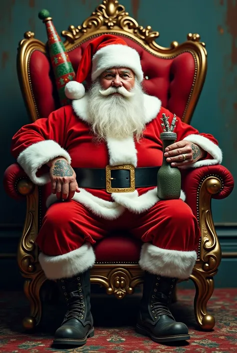 Do Santa Claus, With a tattoo on his face up to his arm ,  he is sitting on his red throne ,  an old bag in his left hand and a club resting on his back on his right hand ,  he goes and has a joint in his mouth close to his Christmas gnomes with weapons in...