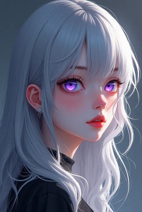 18-year-old girl with wavy silver gray hair with fringe and violet eyes looking to the right in profile, Manhwa style