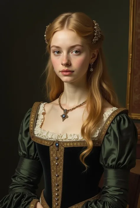 A 19-year-old Duchess in 1524. She has blonde hair, pale skin, black eyes, and a Greek nose. She wears neat clothes.