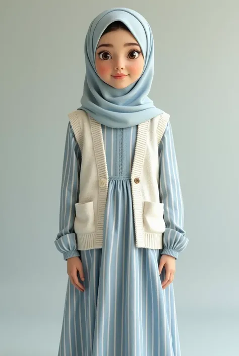 Baby blue striped dress-hijabi girl-white knitted vest jacket 