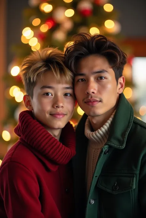 a young gay couple of Korean descent  (not realistic), a short 21 year old boy with ashy blond hair with brown eyes with brown eyes and a taller boy with brown hair 26 years old with brown eyes, The two together at Christmas.