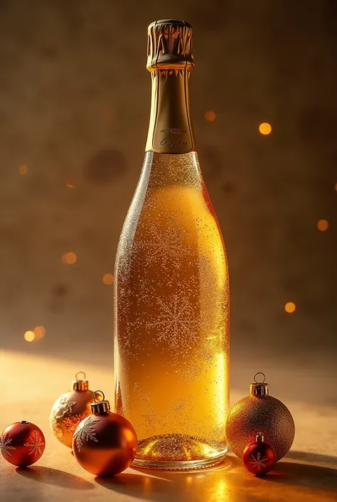  create a bottle of Golden Champagne and place Christmas ornaments on the image, Make the ornaments look real  