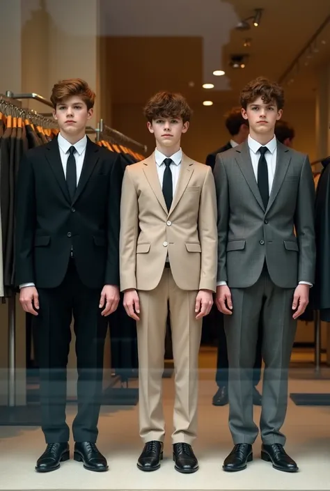 realistic  teen boys dressed in bespoke black, beige and grey suits and ties and wearing nice dress shoes are frozen as models from hypnosis standing immobile in a store display window with hypnotized faces. Hands and arms are in front of their bodies. Boy...