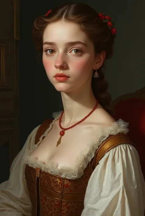 A 19 year old duchess in 1524. She has brown hair, pale skin, brown eyes and a Greek nose. She wears neat clothes and a necklace of small red pearls and a small pendant.