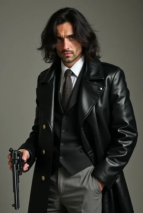 A man with long dark fluffy hair and grey eyes. Wears a Black leather coat with White shirt and Patterned tie. Grey trousers and black Loafers. Serious or tired expression. Holds a revolver. Slight bristle