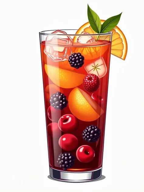 
" Draw a realistic 450 ml sangria in a glass,  depth containing beautiful pieces of fruit  (orange, lemon, apple, Berries) and ice cubes .  format The picture is made in vector style with realistic highlights ,  with textures and high detail .  Add a thin...