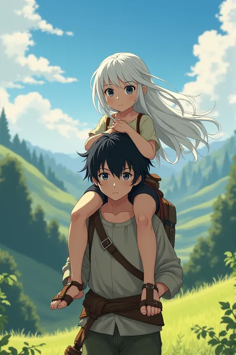 A white-haired girl on the back of a black-haired boy 