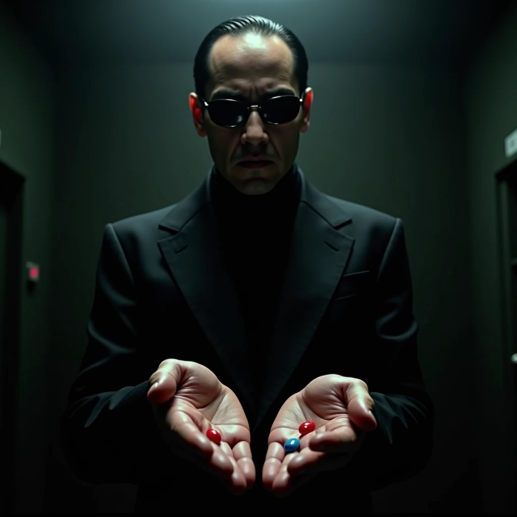 Morpheus from the movie Matrix holding the red pill in his right hand and the blue pill in his left hand