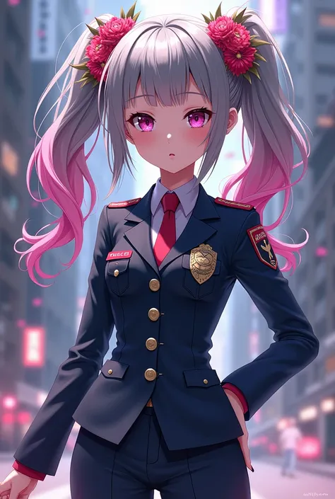  anime girl image(YuGiOh) gray-haired pink-haired with pigtails of flowers and insects wearing a police suit, anime