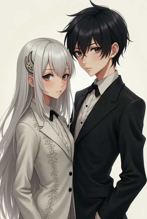 White-haired girl in an old Monney suit next to a black-haired boy in a black suit 
