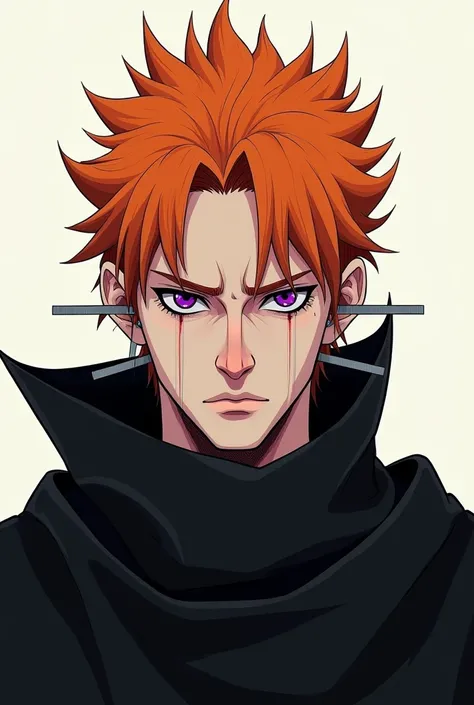 masterpiece, best quality, ((1man)),orange hair, purple eyes,serious expression, no expression ,line art,medium spiky orange hair,,black cloak,expressionless eyes, very detailed, real life, human, realism, realistic, rods in nose,ears,bottomlip, 4k, super ...