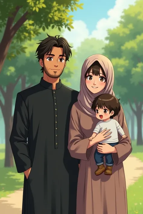 
A hijabi  21 year old anime woman with blackish brown hair and dark brown hair and fair skin tone and she is wearing an Abaya with her is standing her husband who is slightly brown skinned 31 year old anime man who is handsome and has dark brown eyes and ...