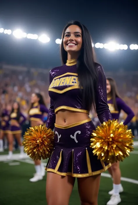 A 26-year-old woman with long straight black hair ,  Thick lips, hourglass silhouette, small waist, she wearing a dark purple cheerleader uniform made of sequins with a high neck collar and ‘RAVENNES’ written in the center, a mini skirt made of golden ribb...