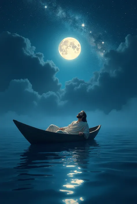 Jesus in the boat on the high seas with his dark blue starry with the moon reflecting in the sea