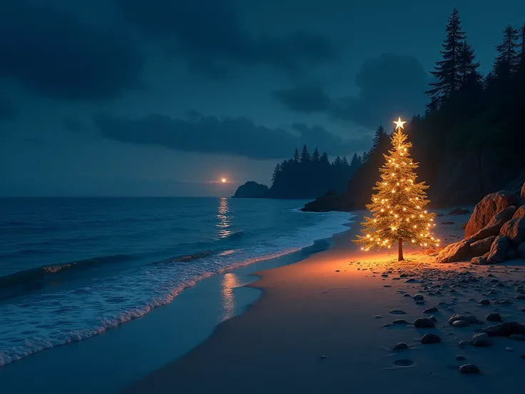 Night beach background with Christmas tree seen from far away add Merry Christmas text 