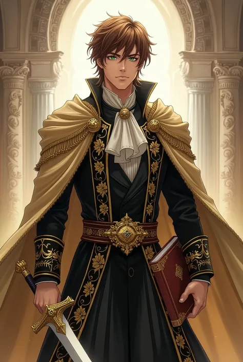 Prince of mankind,brown hair,green eyes,royal outfit,pro human inspired,wielding a book in one hand and a sword in the other,full body shot,handsome,gold black and white color scheme,Solo, High Resolution, Looking at viewer, Masterpiece, Anatomically Corre...