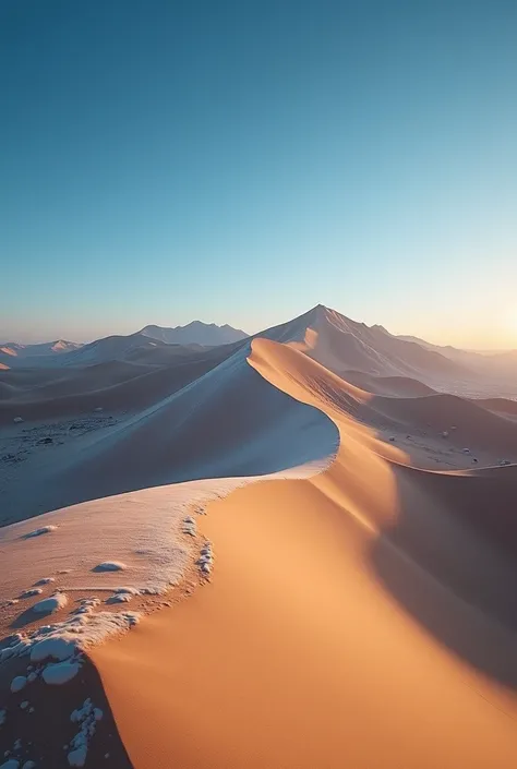 imagine Photorealistic image, 8k resolution, cinematic lighting, Dako Zaranj desert, Nimroz province, Afghanistan. Deep blue sky, sunlight illuminating the sand dunes, creating long shadows. Detailed sand texture, high contrast, sharp focus, award-winning ...