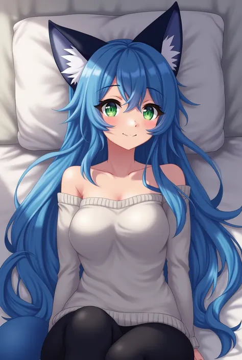 A beautiful and detailed (sweet portrait) from ((Krystal)), Star Fox Krystal, slim, lovable, green eyes, medium breasts, ((( Long blue hair 1 .3))),  ((black hair tips)), Decollete, Grin, look up,, anthro, Fuzzy, Uploaded E621, detailed fluffy fur, (from F...