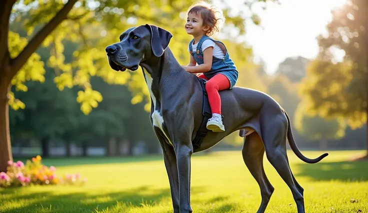 A majestic Great Dane with a uniform gray coat, standing patiently in a sunlit park. On his back sits a young  with Down syndrome, joyfully holding onto a soft harness designed for comfort. The  wears colorful overalls and a radiant smile, their face glowi...