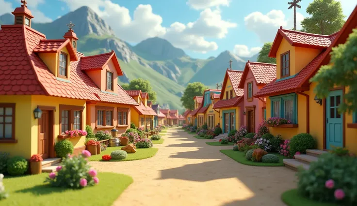 A small town 3d pixar cartoon