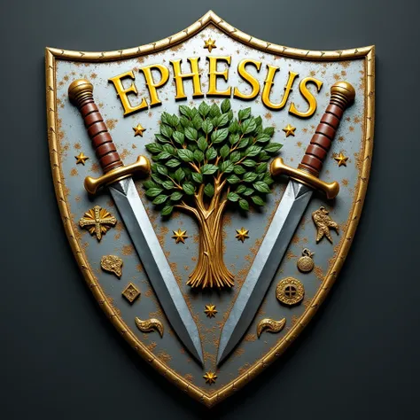 Write a very large sign written EPHESUS FAMILY IN THE COLOR OF GOLD and make a silver shield with two swords studded with stones, embedded in the shield and a tree with green leaves in the middle of the shield 