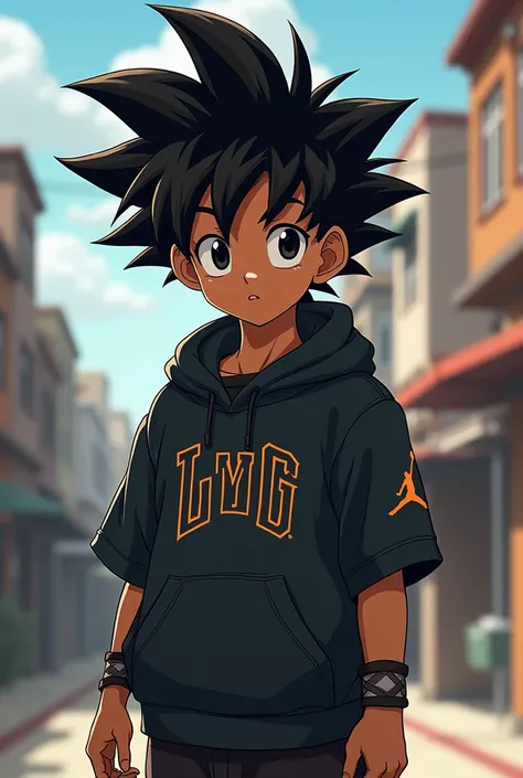 Dragon Ball boy with black hair and his skin is brown and his eyes are black by Jordan brand clothing 