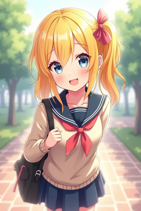 Blonde student , popular,  smiling, anime