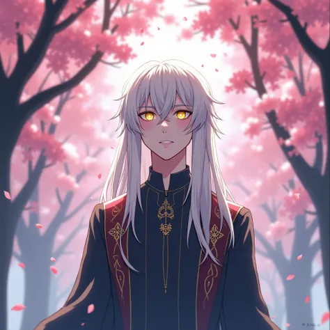 A man with white hair, yellow eyes singing under a cherry tree anime