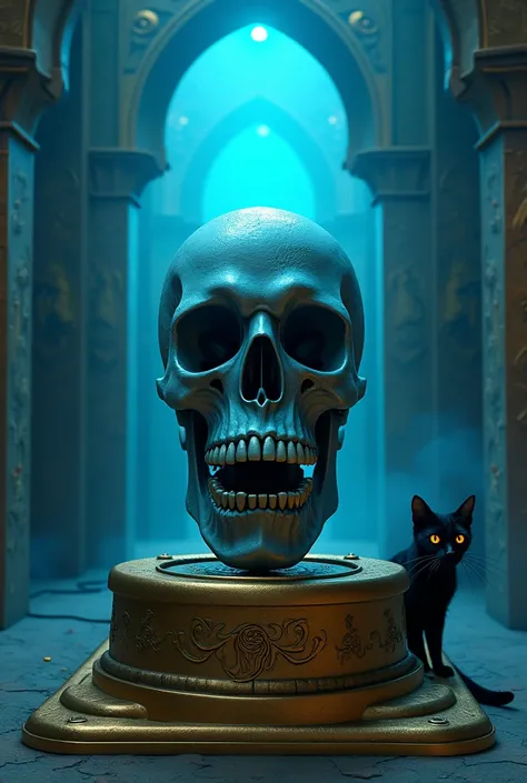 Skull-shaped tattoo machine tattooed on a gold pedestal scenery sacred temple blue ambient light with a black cat on the side looking 