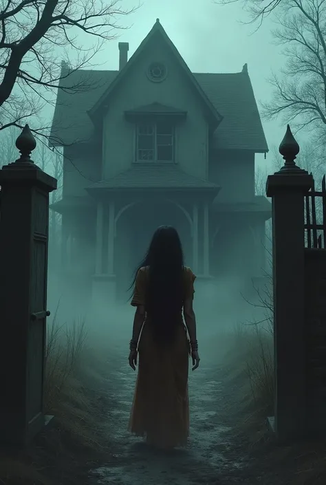 Create a 16:9 image of a haunted house and a young indian women spirit is not allow to enter anyone into the house