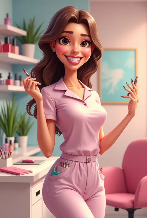 "Create a full-body, 4K ultra HD caricature of a female nail technician with an exaggerated, cartoonish style. She has a cheerful and approachable expression, with a warm smile and slightly oversized facial features for a playful look. Her uniform consists...