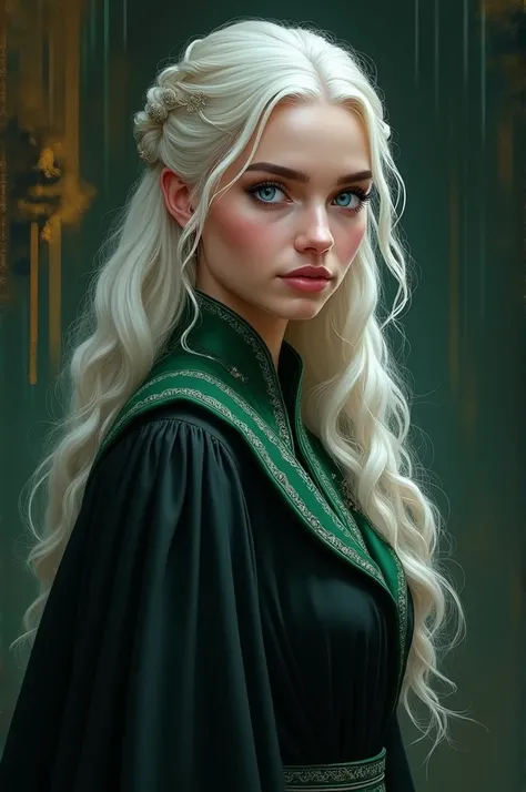  Daenerys Targaryen house uniform if she were in the Harry Potter universe  " platinum blonde hair almost white wavy with Blue locks, and blue eyes" wearing the Slytherin  