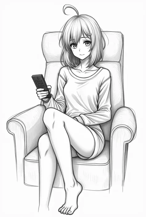 a drawing of a woman sitting in a chair with a remote control, lineart by Shingei, pixiv, process art, line sketch!!, thick lineart, clean anime outlines, detailed but rough, line sketch, rough sketch, heavy outlines, sketchy artstyle, thick black lineart,...