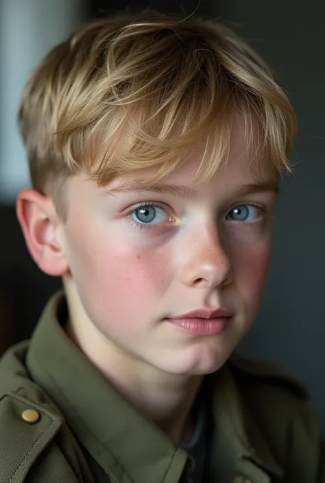  A photo like this on half a side of a 25-year-old boy  , his face is round and with cheeks  ,  has very short and blond hair brushed with his bangs down his forehead,  he has blue eyes that are more bulging ,  he is white-skinned and military  