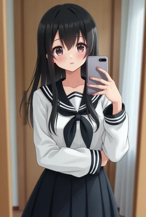  This is a picture of a Japanese woman taking a selfie in the mirror.   She is wearing a white uniform with a black ribbon and a black skirt  , I have long black hair ,My bangs are long. The background is in front of my mirror at home .  