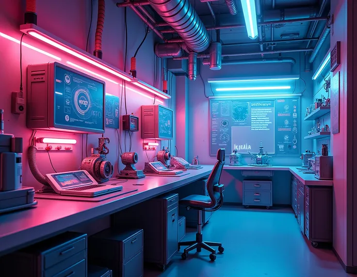 A hyper-realistic cyberpunk laboratory, captured with professional camera quality. The scene is illuminated by vibrant neon lighting in hues of pink, blue, and purple, creating a futuristic and immersive atmosphere. The laboratory is filled with cybernetic...