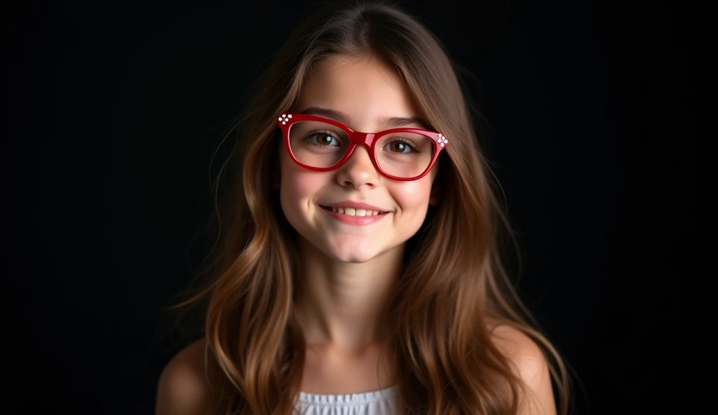 A photo of a beautiful long brown wavy haired smiling 30 years old girl with brown eyes wearing Red glasses with white dots, with half slanted eyes, standing and she looking camera or curious, with a well-lit and engaging expression. background must be bla...