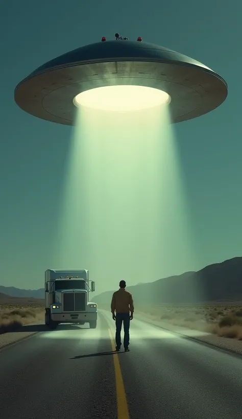 "A metallic, disc-shaped UFO hovers silently above a stranded truck on a deserted highway. The truck driver stands frozen, bathed in an intense, otherworldly light. The scene is surreal and mysterious, with the UFO casting an unearthly glow over the surrou...