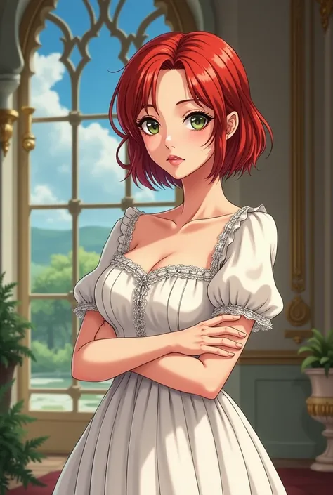  Anime-style animation one piece toei animation,  Attractive girl with a beautiful, mature and older body ,linda , with short red hair and very beautiful , 39 year old fair skin ,  dressed in a very beautiful white Victorian-era dress,  in a palace landsca...