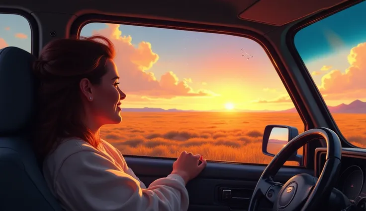 Perspective: Medium shot, candid framing.
Subject: A person enjoying a solo road trip, looking out the car window at a vast open field with a glowing horizon.
Medium: Digital painting, semi-realistic style.
Style: Adventurous and free, with bright and upli...