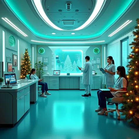  a futuristic doctors office with turquoise lights, Christmas decorations and happy people 