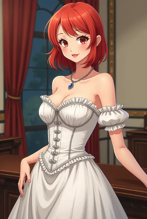  Anime-style animation one piece toei animation,  attractive woman with beautiful mature body older with big hips and pretty waist,Cute with big breasts and short hair redhead and very beautiful , 30-year-old fair skin ,  dressed in a white Victorian-era d...