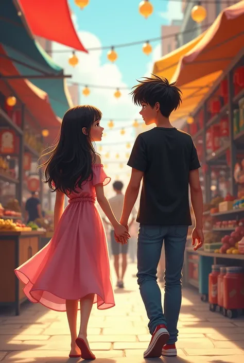 A 18 year old girl and an 18 year old boy are walking hand in hand in the market. The girl is wearing a pink dress and leggings and the boy is wearing a black shirt and jeans. His hair is black. 