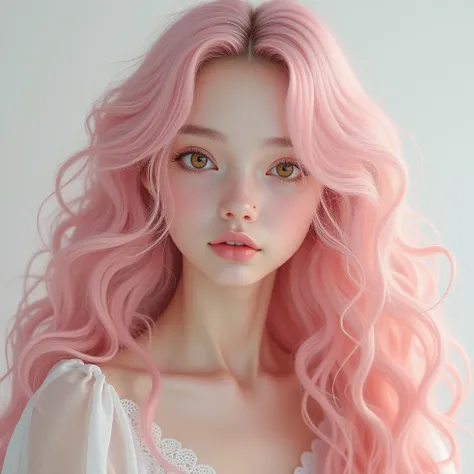 Create an 18-year-old girl, with a delicate face with super long hair with lots of small curls in pastel pink. Heterochromy eyes brown and yellow real foto