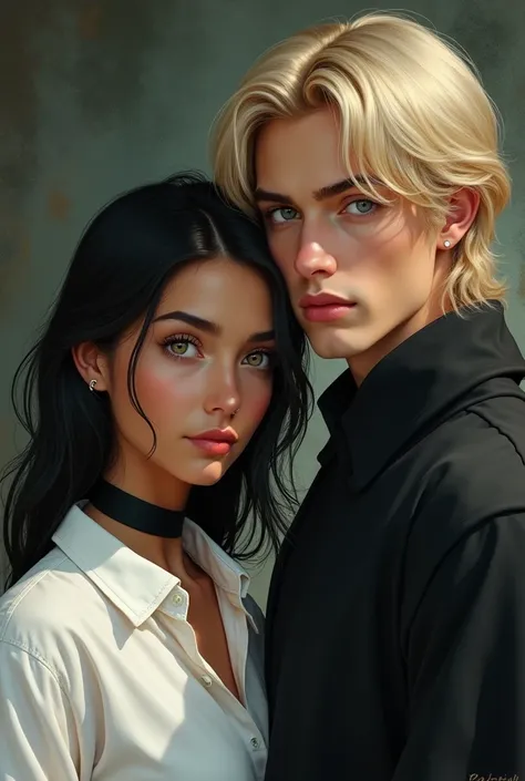 A girl with brown skin,  with slightly greenish eyes ,  straight black hair slightly messy , with a soft face ,  she wears a white shirt and a black choker around her neck . Next to her is a white boy , blonde with shoulder length hair,  he has blue eyes a...