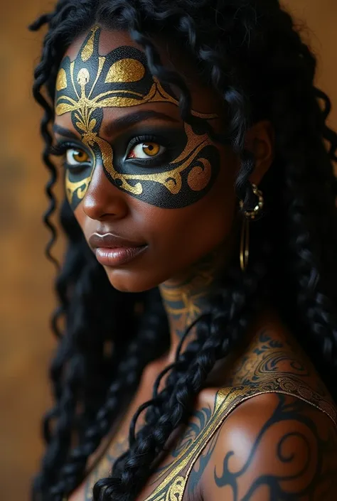 Masterpiece Best quality, the best definition to add aesthetic and lighting details Black girl jackal, egiptian clothes, teen girl, ,black body, egipt landscape, golden tattoo body, sensual eyes, yellow pupil 