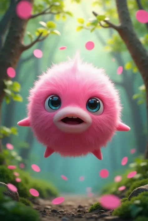  Pink hairy sphere with cute eyes and fluffy furry mouth without nose without arms and legs,flying hairy pink sphere with leaves and branches with pink confetti in the forest 